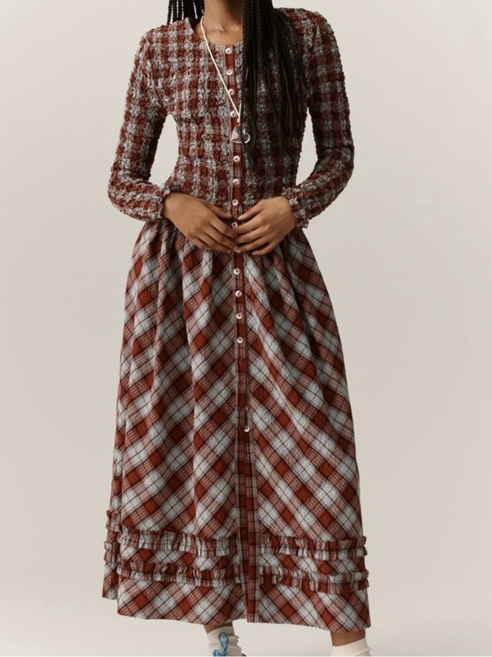 New NWT DAMSON MADDER Posey smocked plaid maxi cotton long sleeve dress